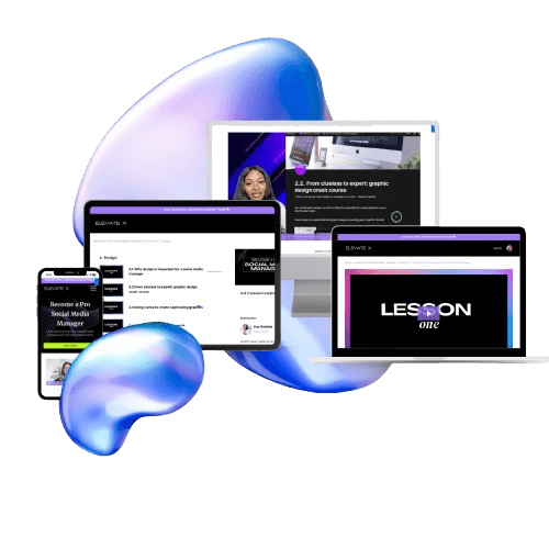Elevate X Pro Social Media Manager Course shown on laptop, tablet, and mobile devices